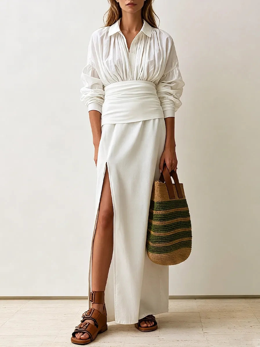Elegant Long Sleeve Blouse With High-Slit Sarong Wrap Skirt Set
