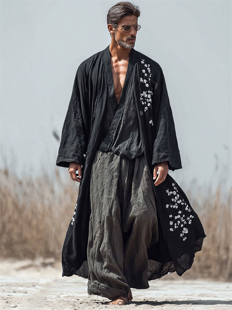 Men's Japanese Plum Blossom Linen Long Kimono
