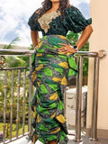 Floral Printed Embroidered Split-Joint Puff Short Sleeve Maxi Dress