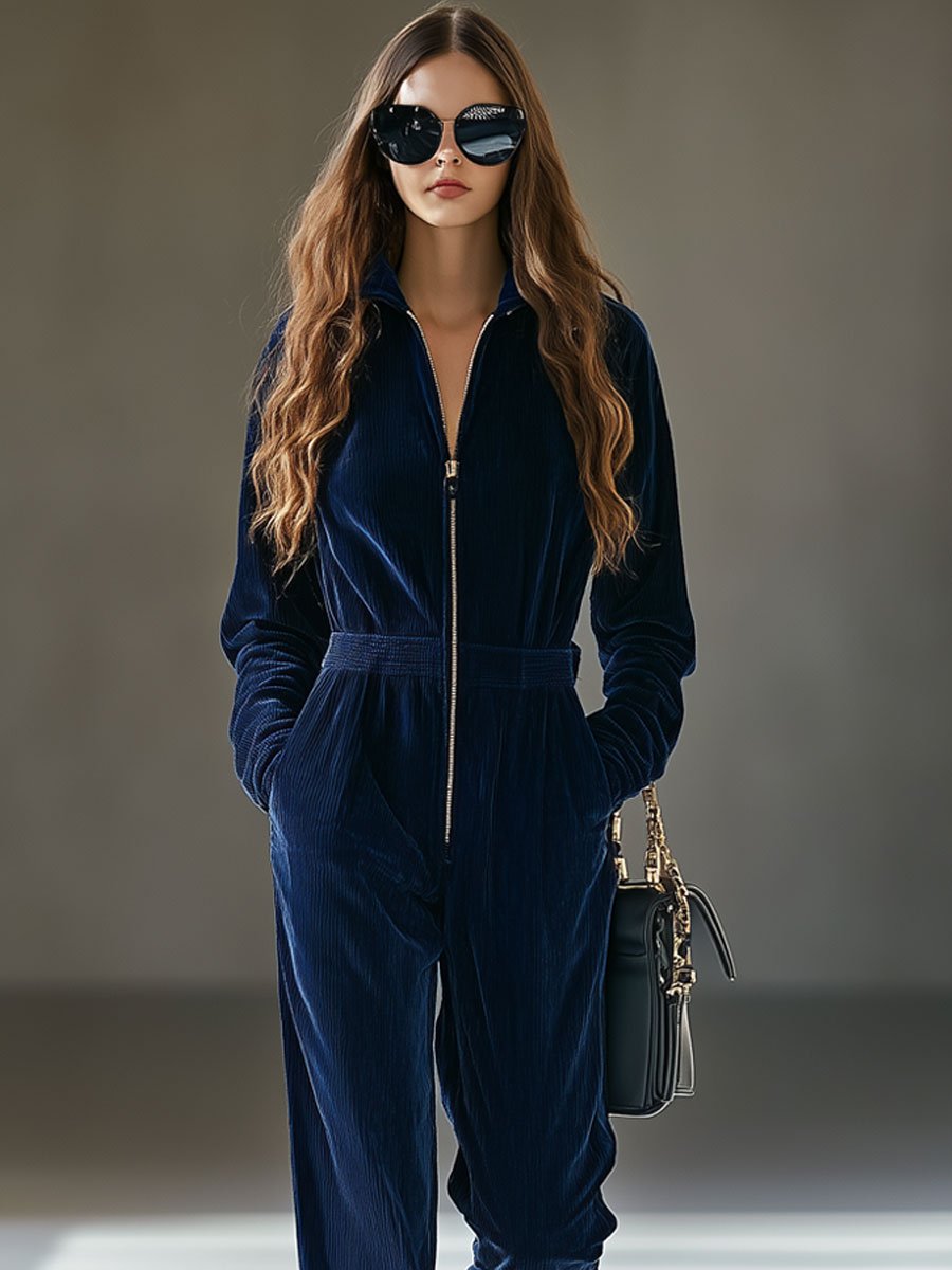 [24-hour shipping out]Casual Loose Vintage Corduroy Elastic Waist Zipper Jumpsuit