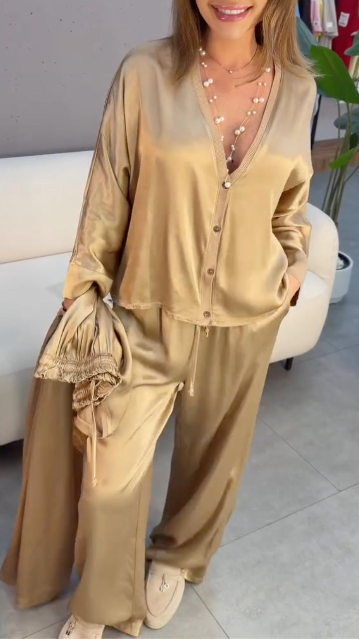 Gold Satin Loungewear 2‑Piece Set