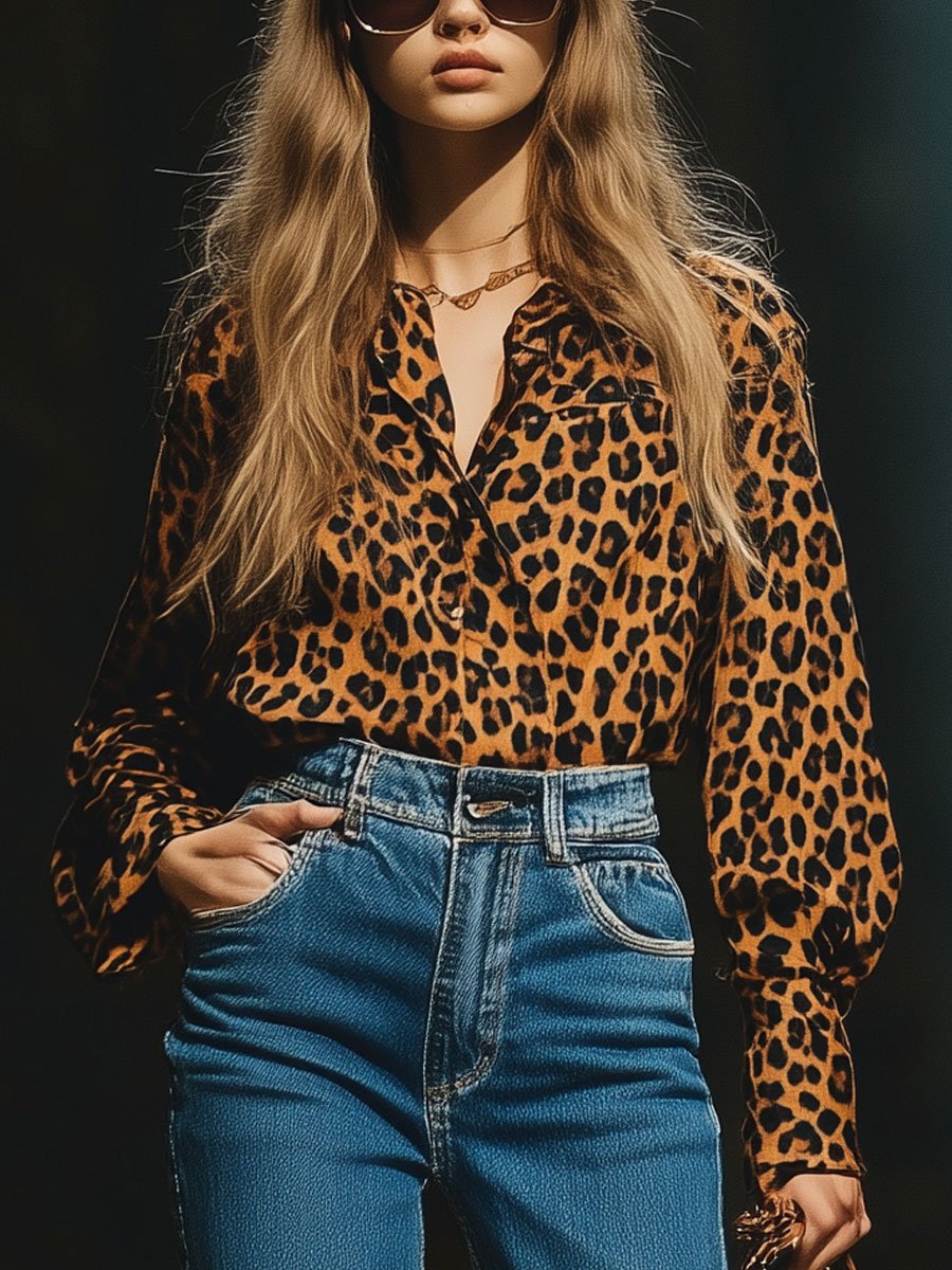 [24-hour shipping out]Casual Loose Vintage Velvet Leopard Print Long Sleeve Blouse