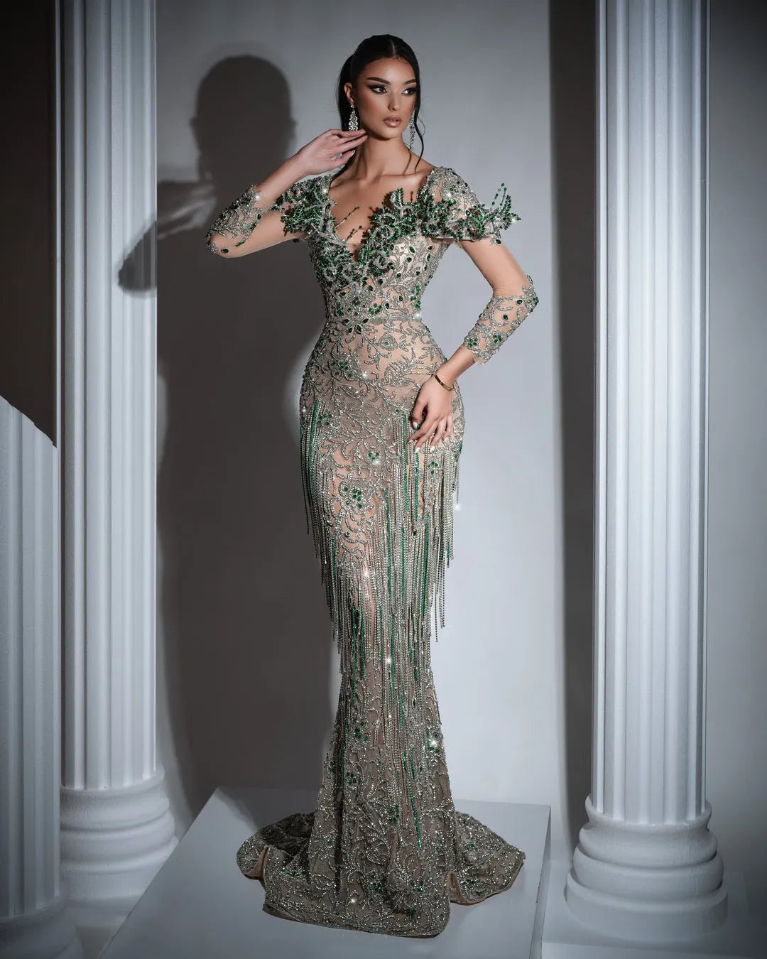 Flavie Silver Dress with Green Crystals and Tassels