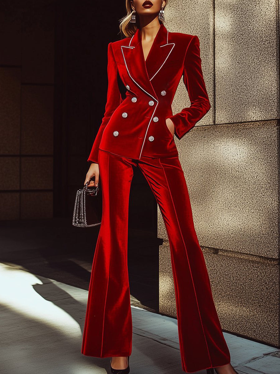 [24-hour shipping]High-End Fashion Red Velvet Suit With Silver Trim