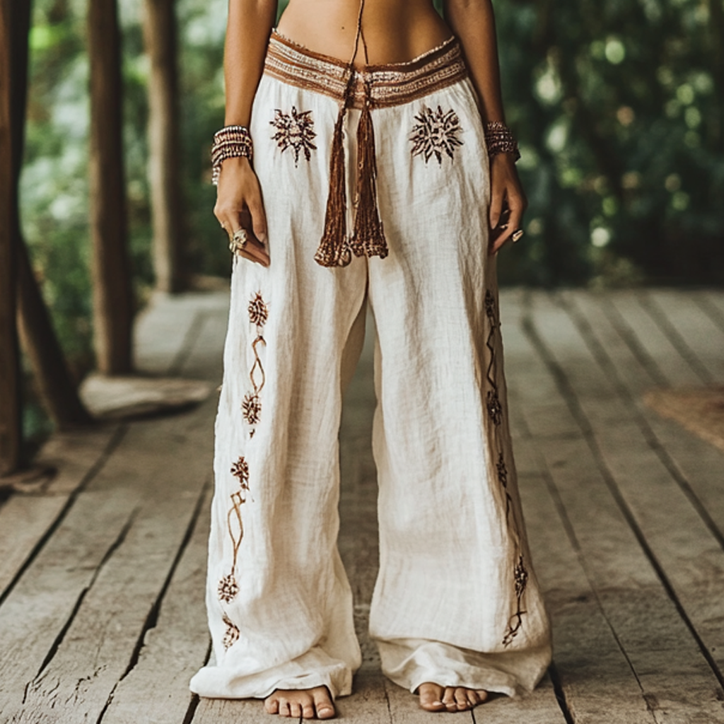 Vintage Bohemian Floral Ethnic Art Printed Cotton Linen Wide Leg Pants