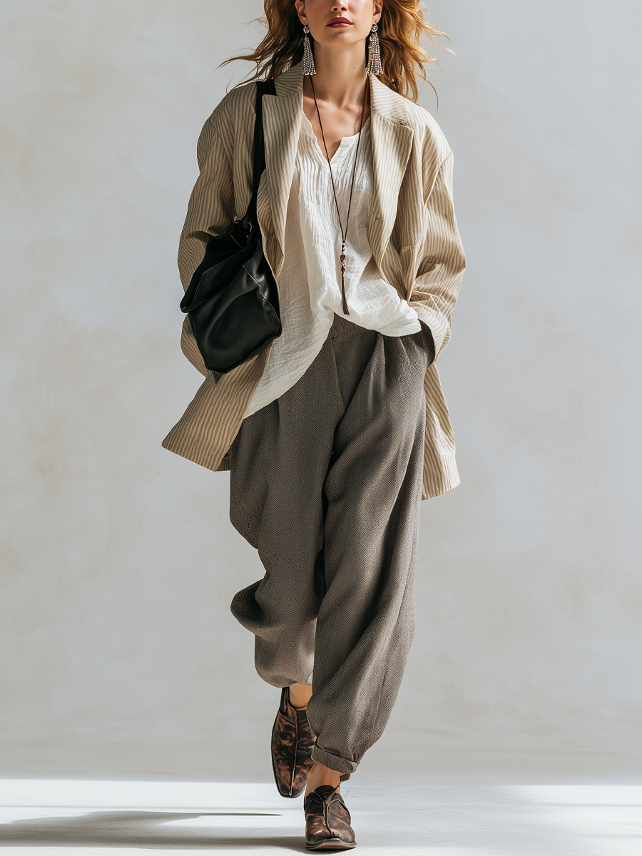 Striped Jacket Paired With A White Shirt And Brown Harem Pants Set
