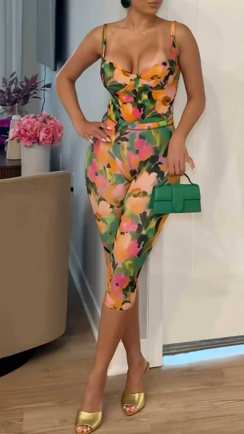 Watercolor Floral Printed Spaghetti Strap Bodycon Capri Jumpsuit