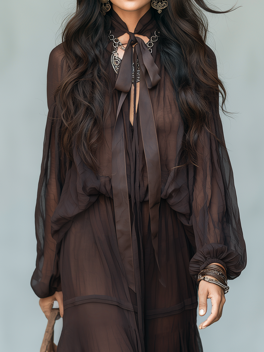 Elegant Espresso Sheer Tie-Neck Maxi Dress
