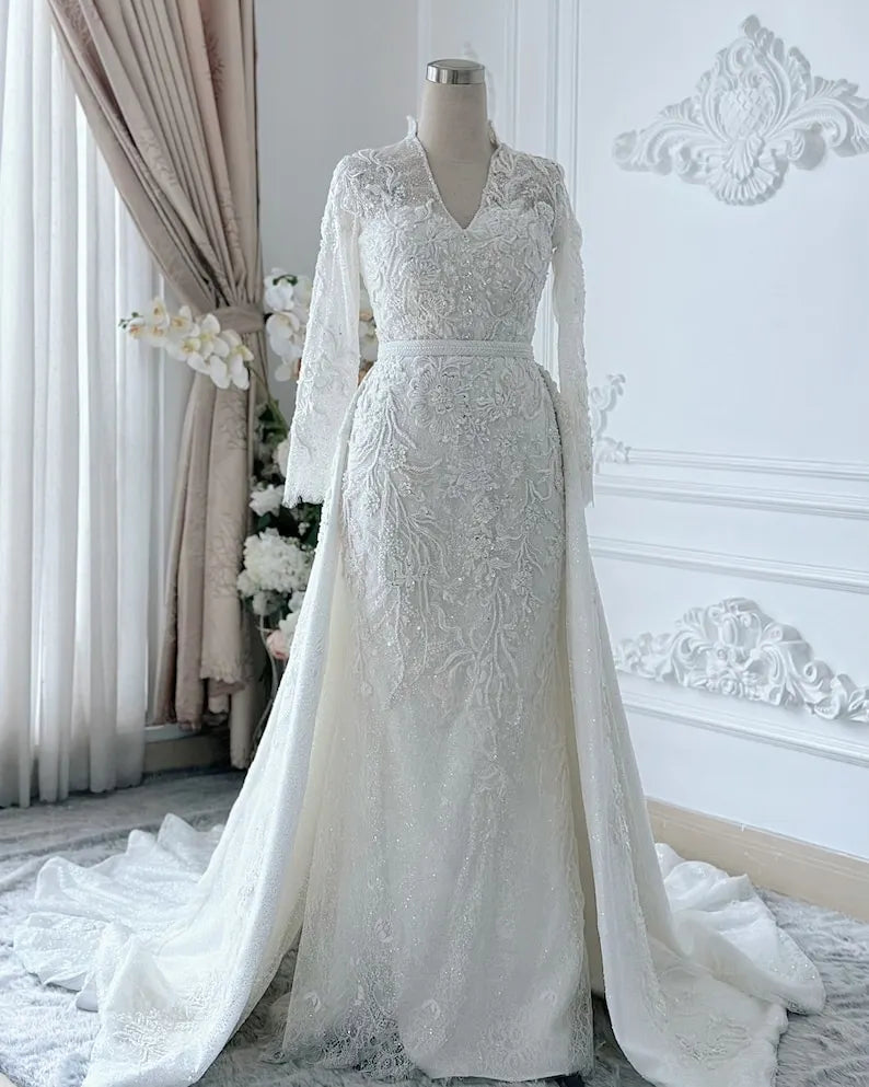 Mermaid wedding dress, V-neck high-neck long-sleeved wedding dress, two-in-one sparkling wedding dress