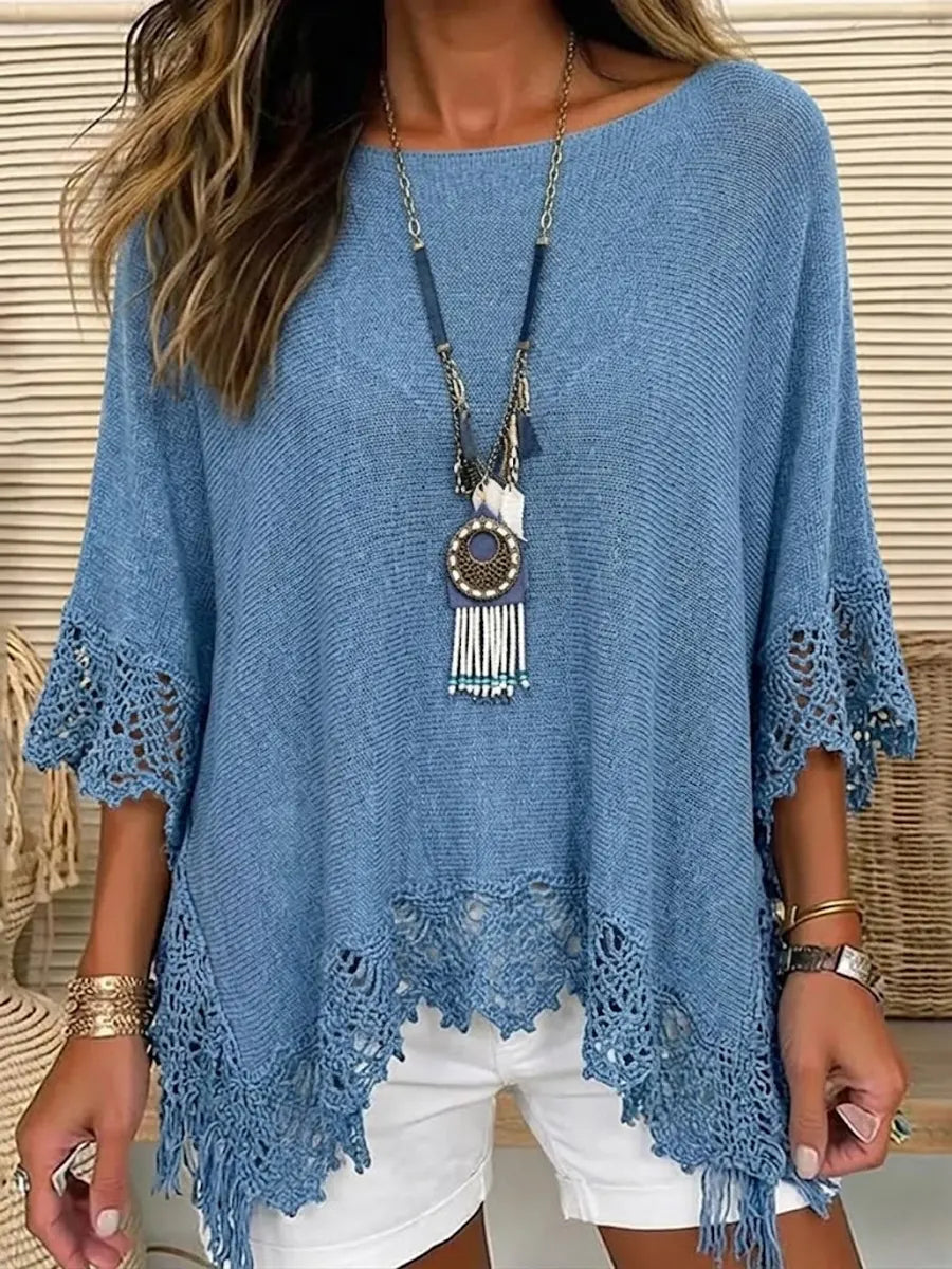 Women's Casual Hollow Lace Decorative Knit Pullover