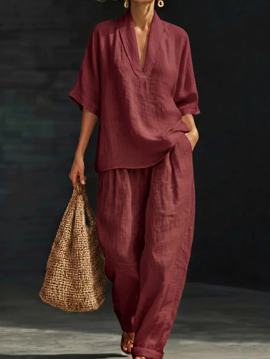 Gurtons Coastal Chic 2-Piece Set - V-Neck Linen-Textured Tunic & Wide-Leg Pants Lounge Set