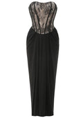 Strapless Lace Bustier Draped Maxi Dress Black