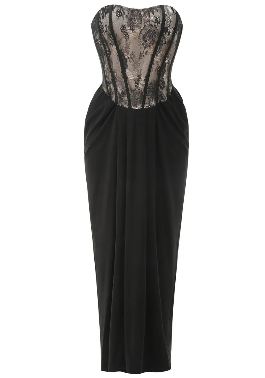 Strapless Lace Bustier Draped Maxi Dress Black