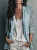 Effortless Chic Linen Lace-Sleeve Single-Breasted Sky Blue Blazer