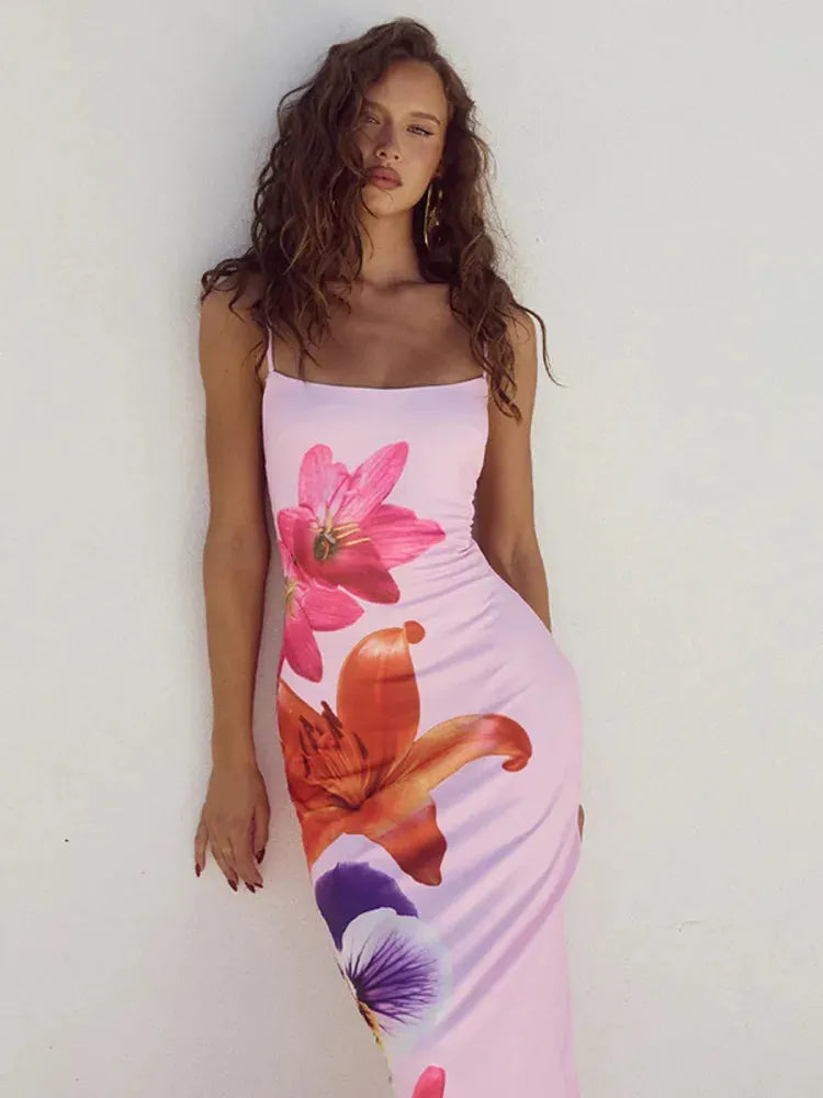 Camaria Floral Print Spaghetti Strap Maxi Dress – Summer Bodycon Holiday Gown in White, Pink, Black or Blue