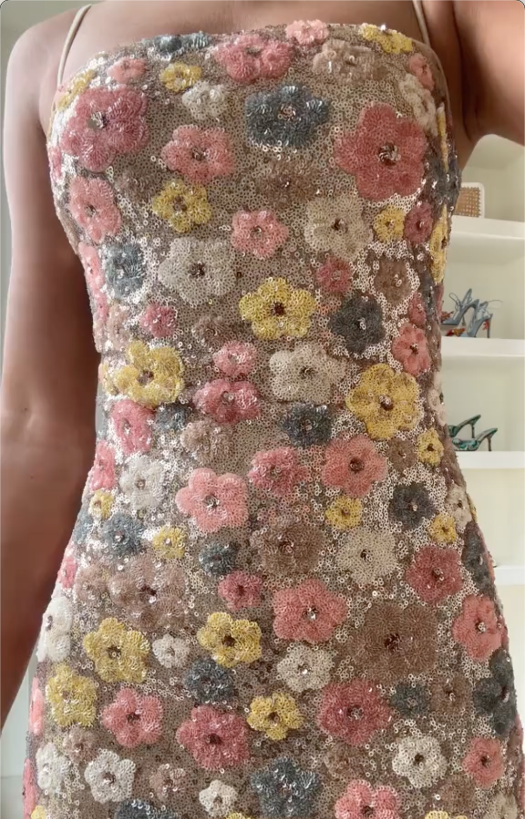 Boho Floral Sequin Maxi Dress - Thin Strap Square Neck Bridal Shower Gown