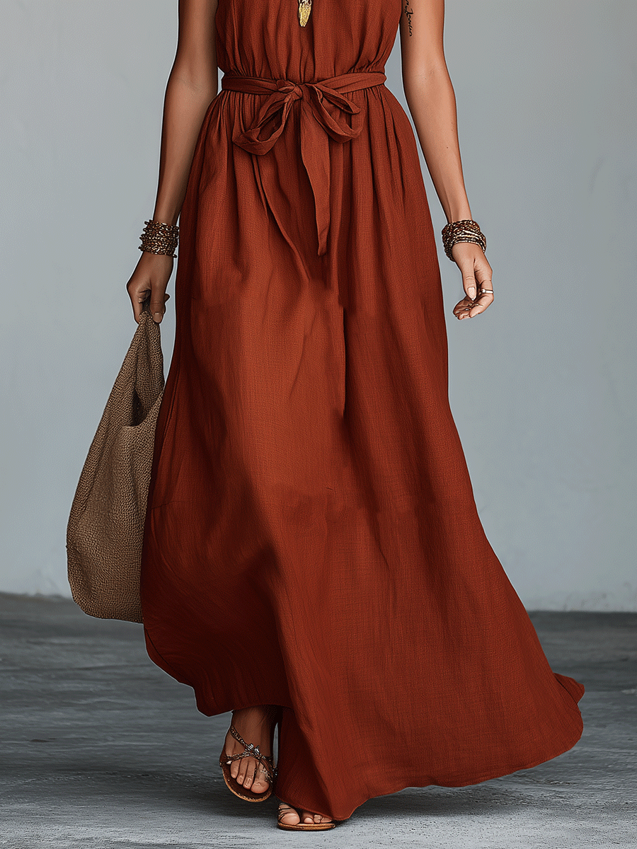 Elegant Resort Linen Sleeveless Tie-Waist Terracotta Maxi Dress
