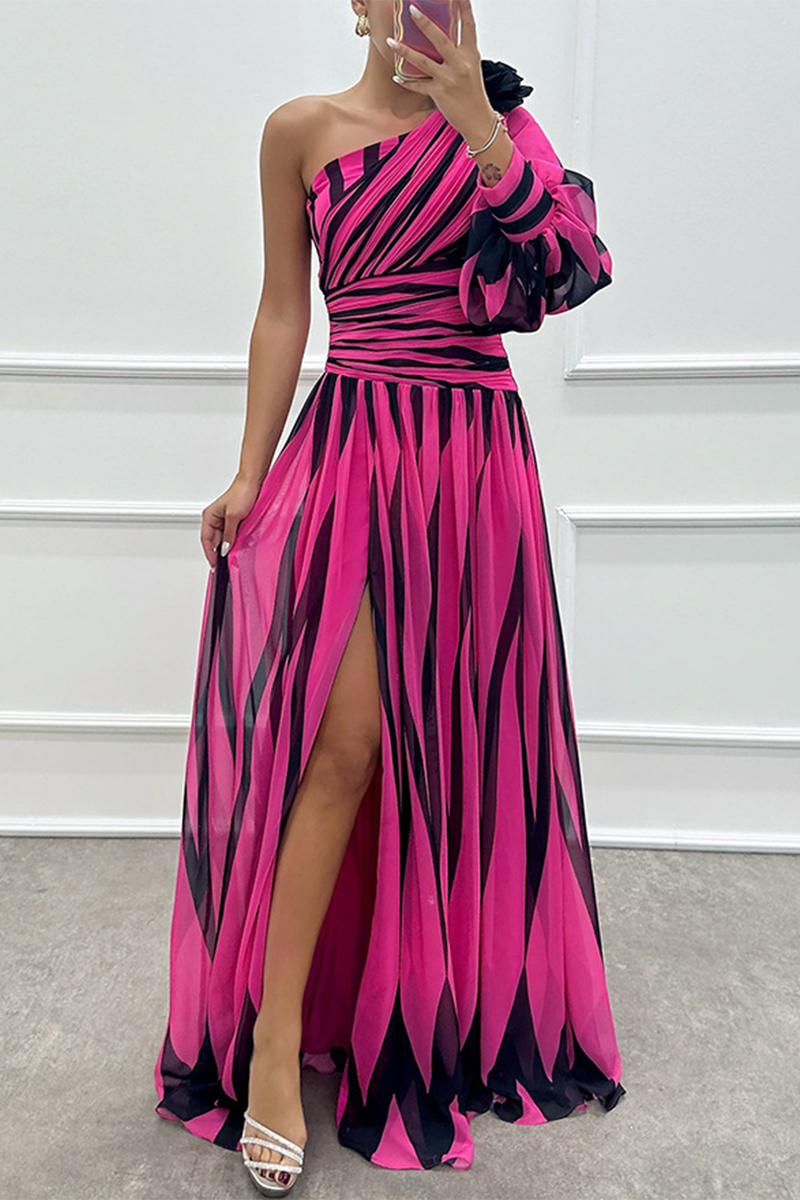 Wedding Prom Striped Print Slit Irregular Sloping Shoulder Evening Dresses