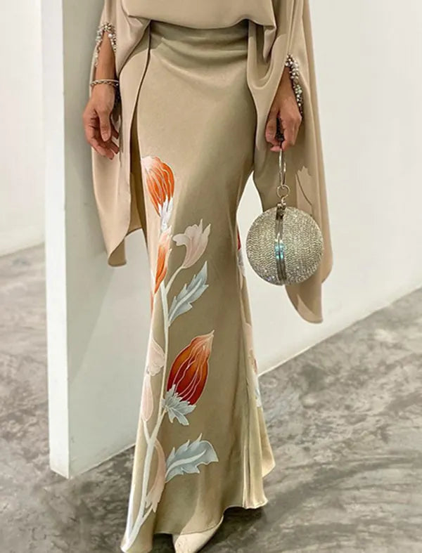 Floral Printed Split-Joint Batwing Sleeves Loose High Neck Two Pieces Set Skirt Set