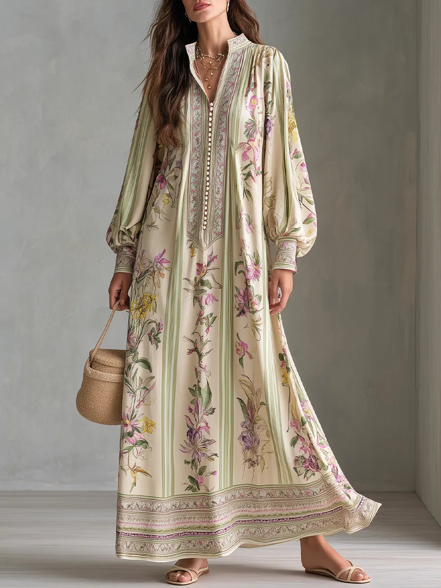 Baroque Khaki Botanical Print Maxi Dress