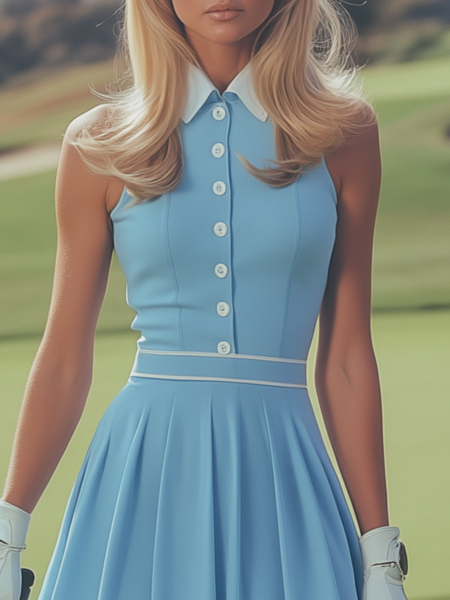 [24-hour shipping out]Elegant Sports White Button Detail Baby Blue Sleeveless Mini Dress
