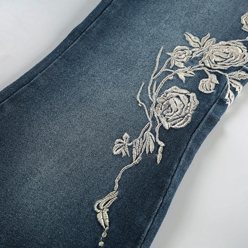 Vintage Bohemian Rose Embroidered Washed Flared Jeans