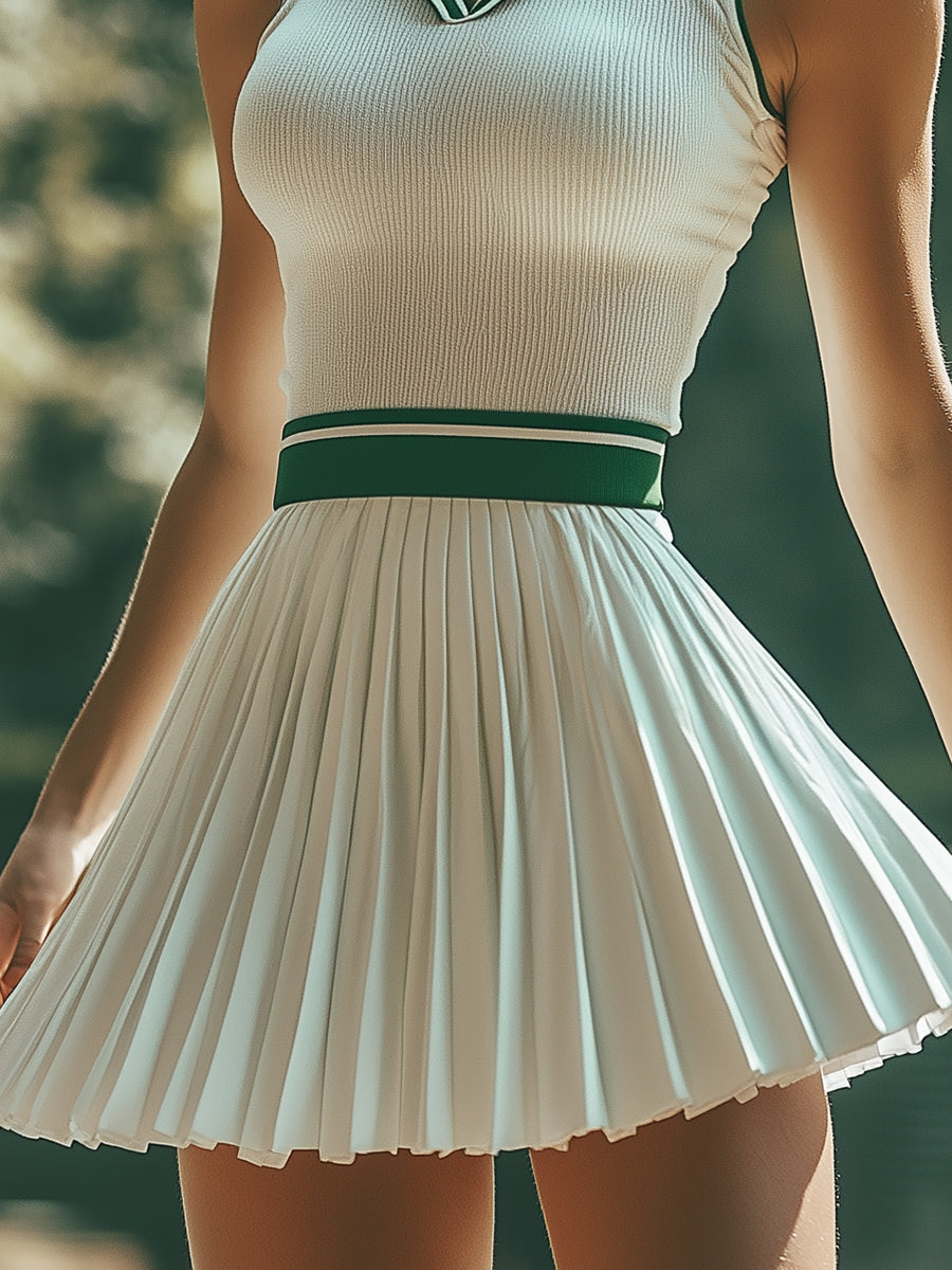 [24-hour shipping out]Fashionable Preppy Style White And Green Contrast Striped Sleeveless Mini Dress