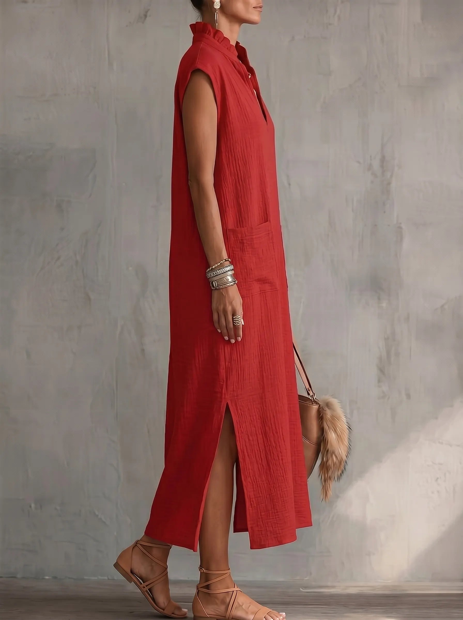 Pockets Ruffle Trim Solid Color Split-side Loose Sleeveless Stand Collar Midi Dresses