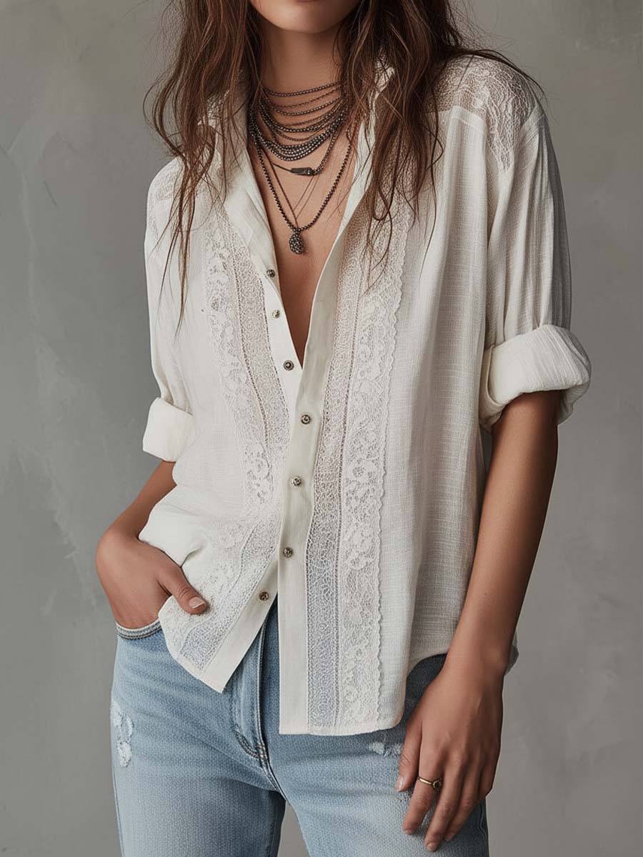 Casual Lace-paneled Linen And Cotton Shirt