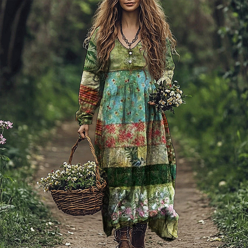 Vintage Cottage Floral Boho Patchwork Linen Blend Maxi Dress