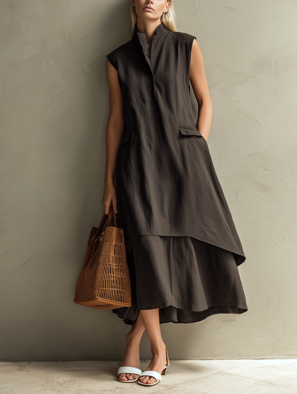 Dark Brown Linen Cotton Two-piece Midi Dress Set (stand Collar Sleeveless Tunic + Lined Skirt)