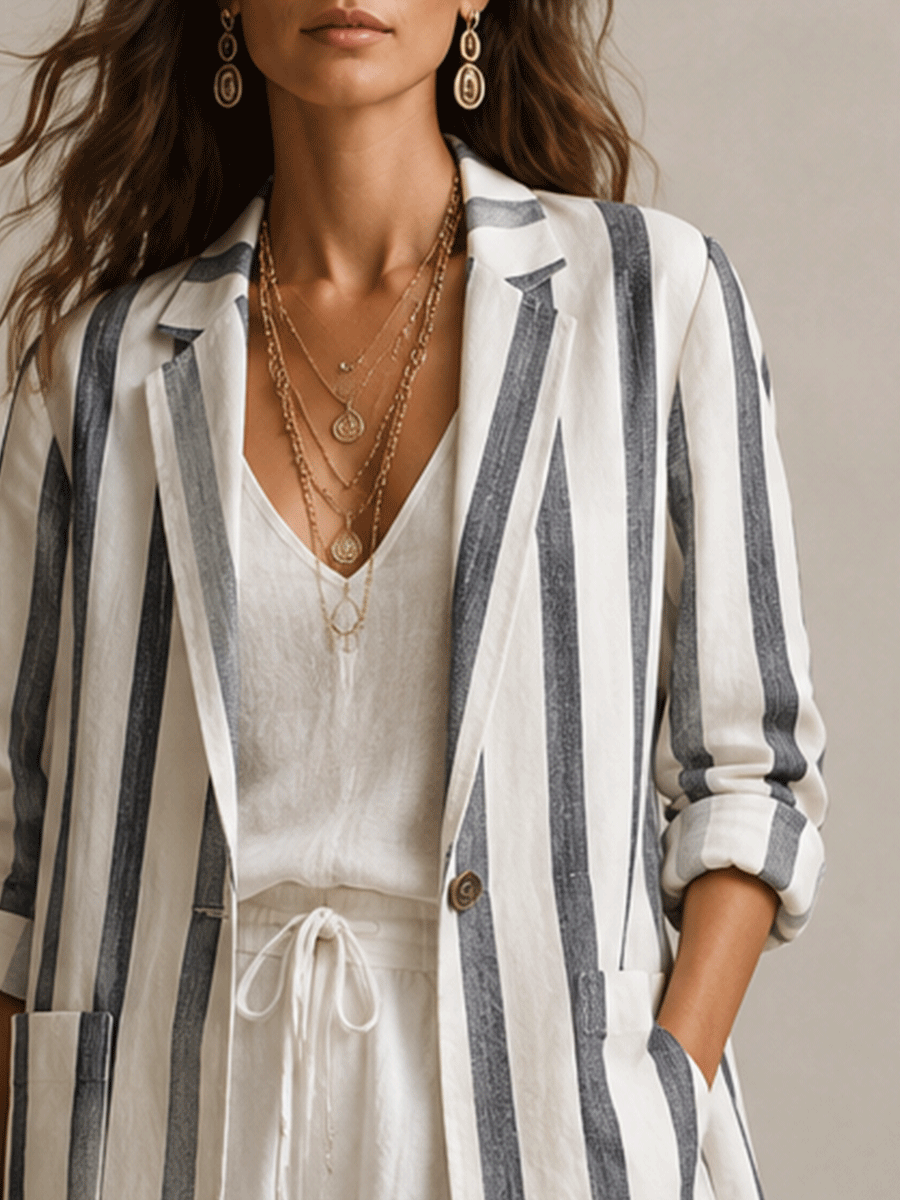 Effortless Linen Blend Oversized Ivory Pinstripe Suit Blazer