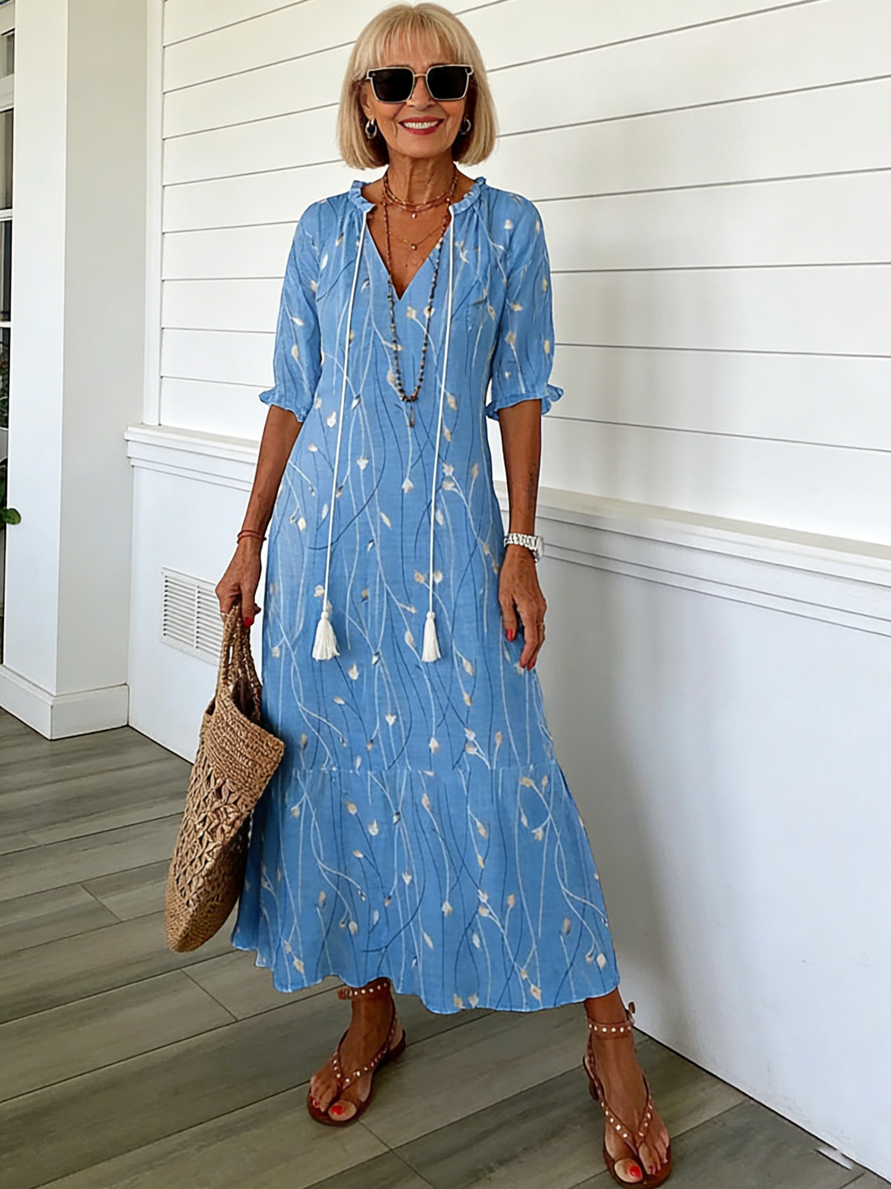 Half Sleeve Floral Print Summer Fall V Neck Casual Geometric Printed Dress