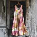 Vintage Pink Floral Painting Art Linen Tank Dress e845