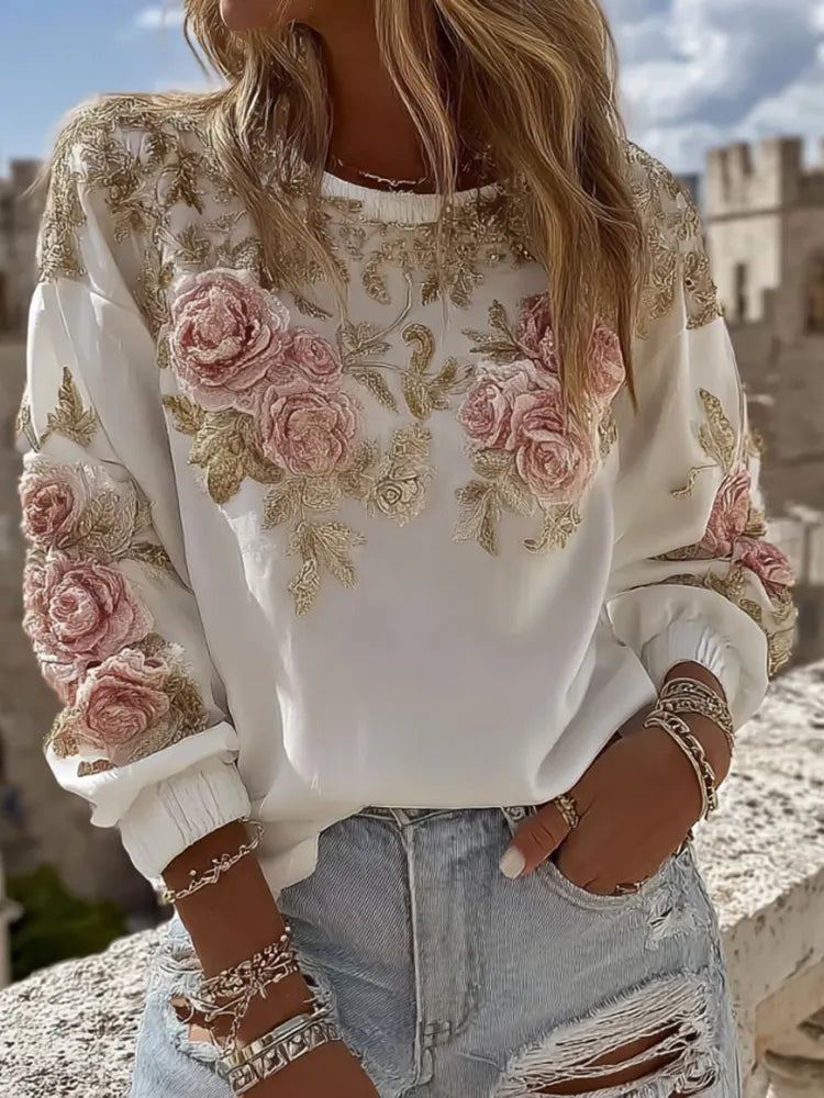 Women's Pink Rose Embroidery Art Round Neck Casual Sweatshirt