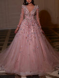 Evening  Sequined See-Through Applique V-Neck Princess Maxi Dresses