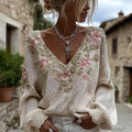 Women's Vintage Pink Flowers Art V-neck Cozy Knit Sweater