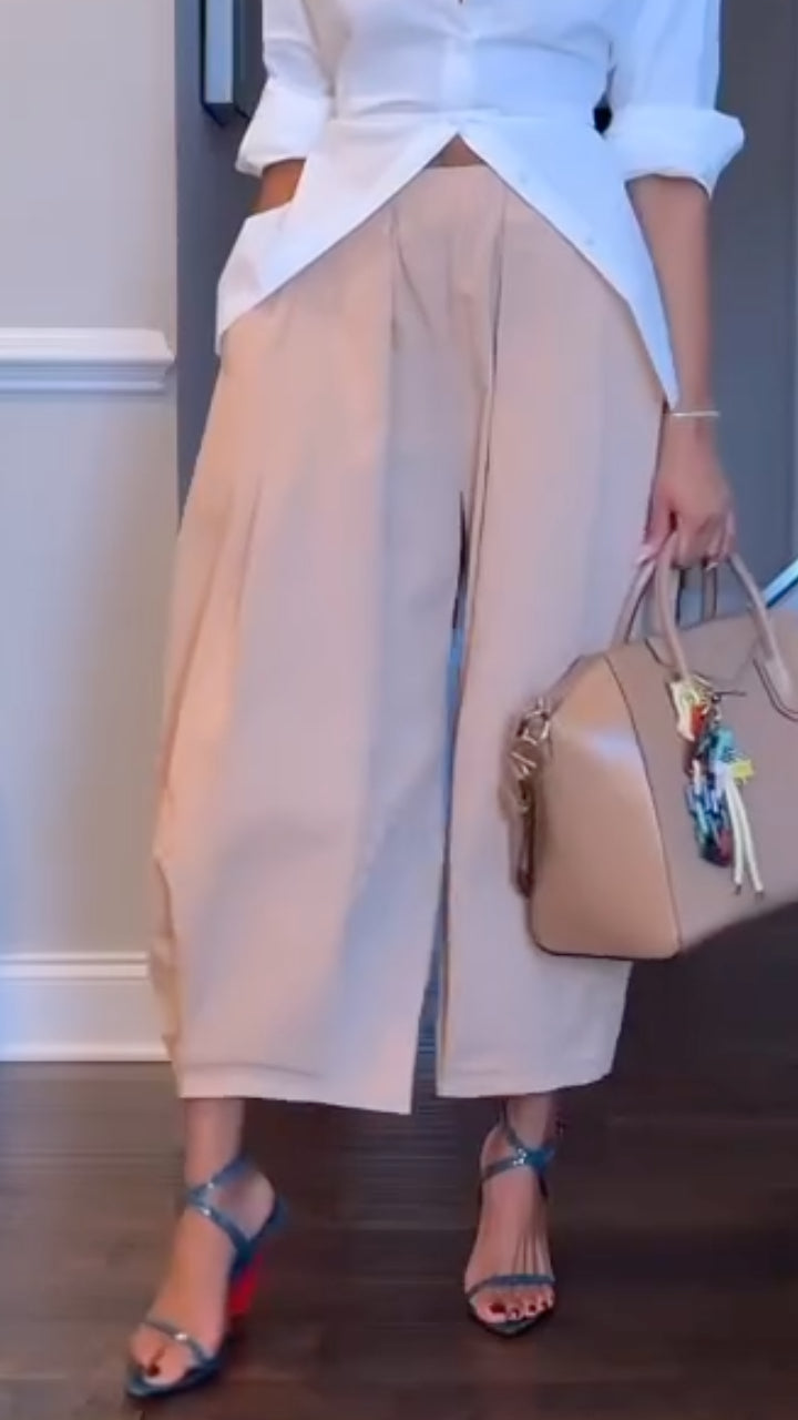 Women's Lapel, Waist-Cinching Shirt + High-Waisted Wide-Leg Pants SetPants Set