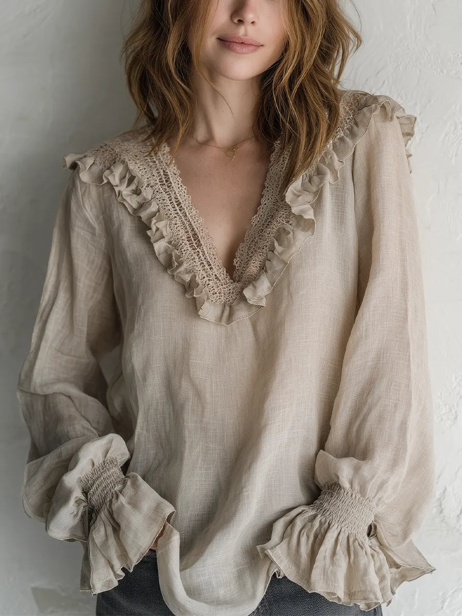 Bohemian Khaki Lace V-neck Shirt