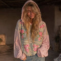 Women's Pink Rose Embroidered Denim Patchwork Hooded Sweatshirt