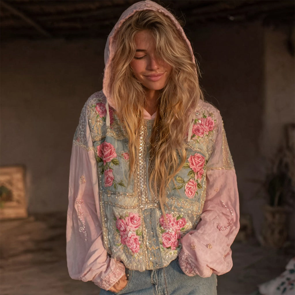 Women's Pink Rose Embroidered Denim Patchwork Hooded Sweatshirt