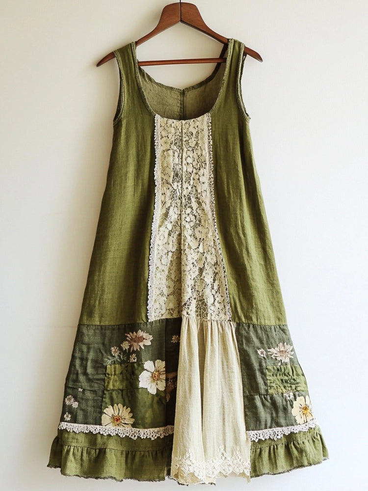 Boho Floral Pattern Linen Lace Patchwork Dress 6844