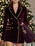 [24-hour shipping out]Casual Vintage Burgundy Velvet Gold Trim Double Breasted Suit Mini Dress