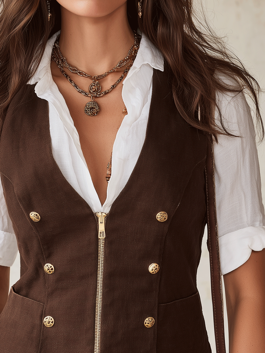 Western Boho Cotton-Linen Slim-Fit V-Neck Brown Waistcoat
