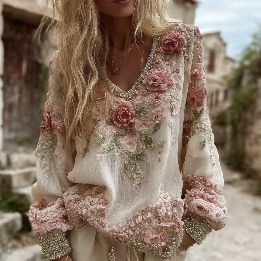 Women's Vintage Roses Embroidery Art V-neck Linen Blend T-shirt
