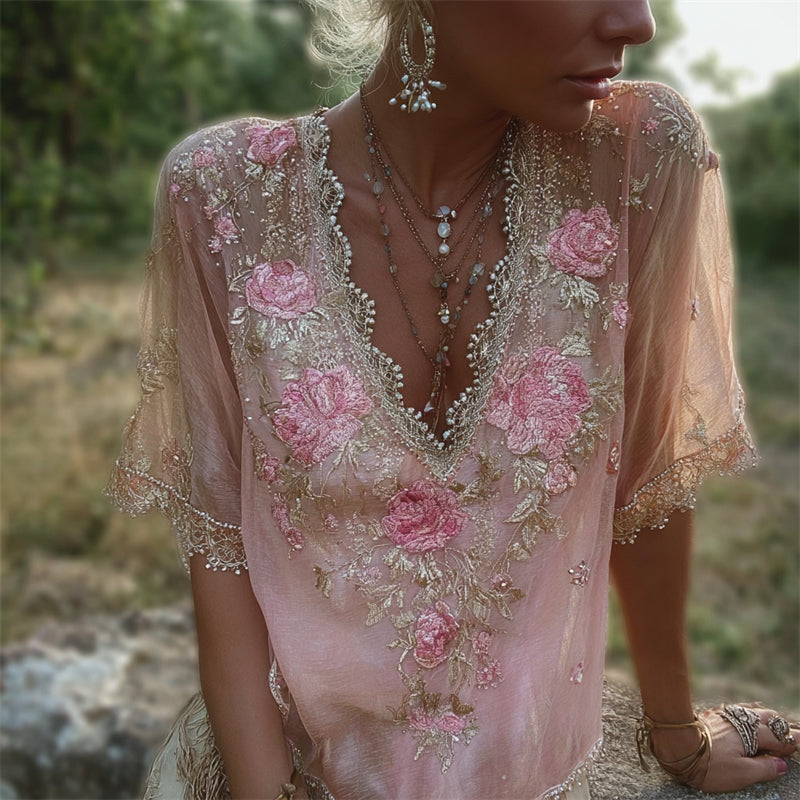 Vintage Boho Glitter Floral Lace Flowy Linen Tunic