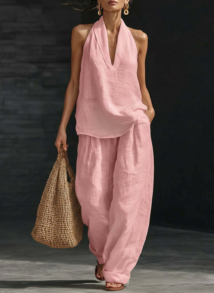 Boho Linen-Look Halter Set - Sleeveless V-Neck Top & Flowy Wide-Leg Pants Two-Piece Suite