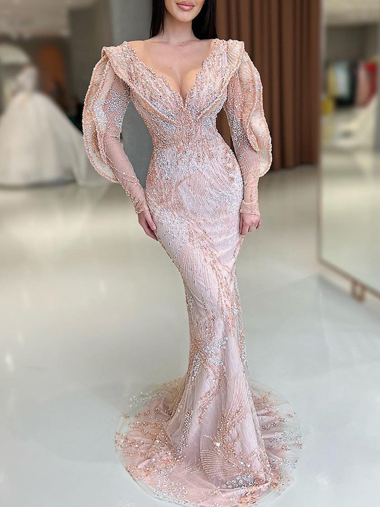 Party Long Sleeves V-Neck Floral Printed See-Through Shiny Maxi Dresses