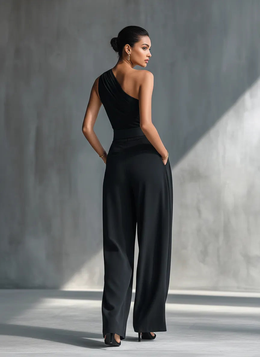 Women's Black High-elastic Knit Top And Acetate Wide-leg Pants MDZ1068B3T
