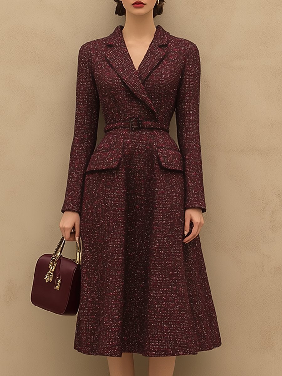 [24-hour shipping out]Vintage Elegant Ankola Red Tweed Lapel Dress